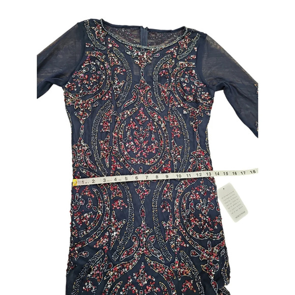 PISARRO NIGHTS Sequin Beaded Illusion Gown In Navy Sz 10 - Picture 10 of 12